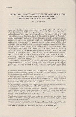 Character and Community in the Defensor Pacis: Marsiglio of Padua's Adaption of 