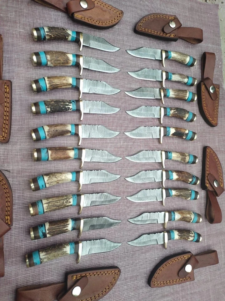 LOTS OF 10, 6" INCHES HANDMADE DAMASCUS STEEL SKINNER KNIVES STAG HORN W/SHEATH - Image 2 of 4