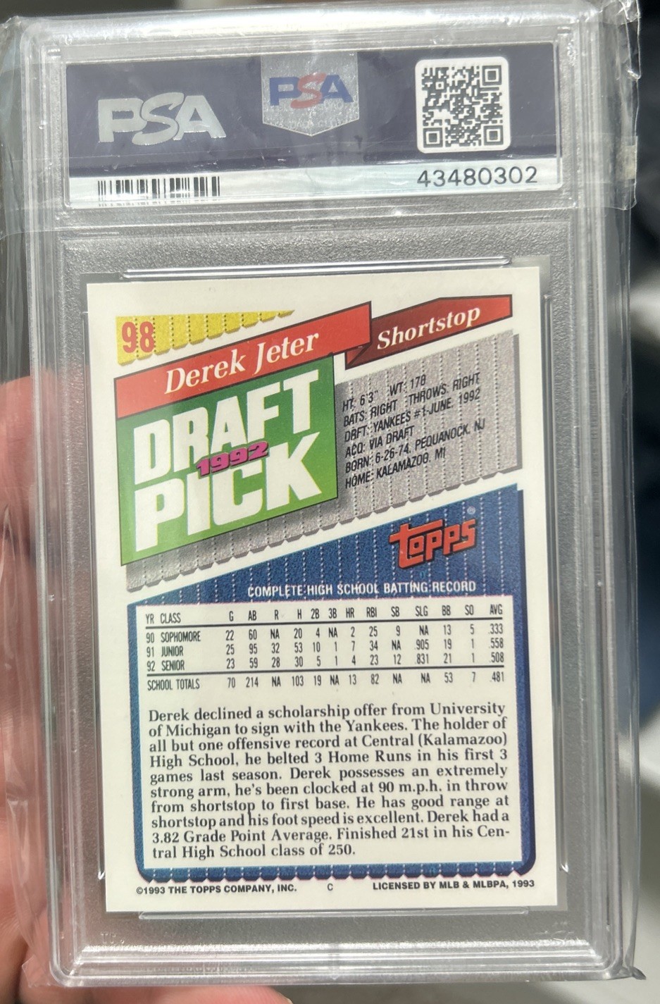 GRADED 1993 Topps Derek Jeter #98 Rookie RC PSA 9 New York Yankees HOF view 2