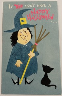 VTG Christmas Greeting Card Halloween Witch Black Cat