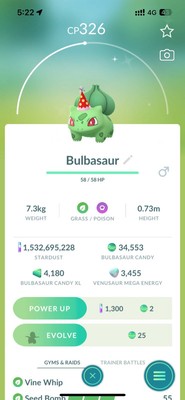   Shiny Red Party Hat Costume Bulbasaur (Can Evolve to Venusaur)   Pokemon Go  