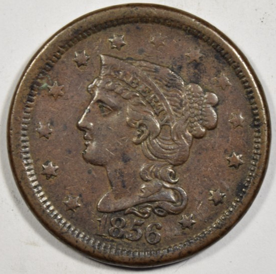 1856 BRAIDED HAIR LARGE CENT ~ SLANTED 5 ~ BOLD VF! INV #1