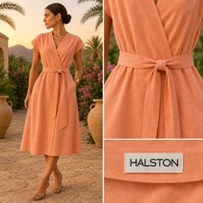 Authentic Vintage Halston Apricot Ultrasuede Belted Wrap Midi Dress Small