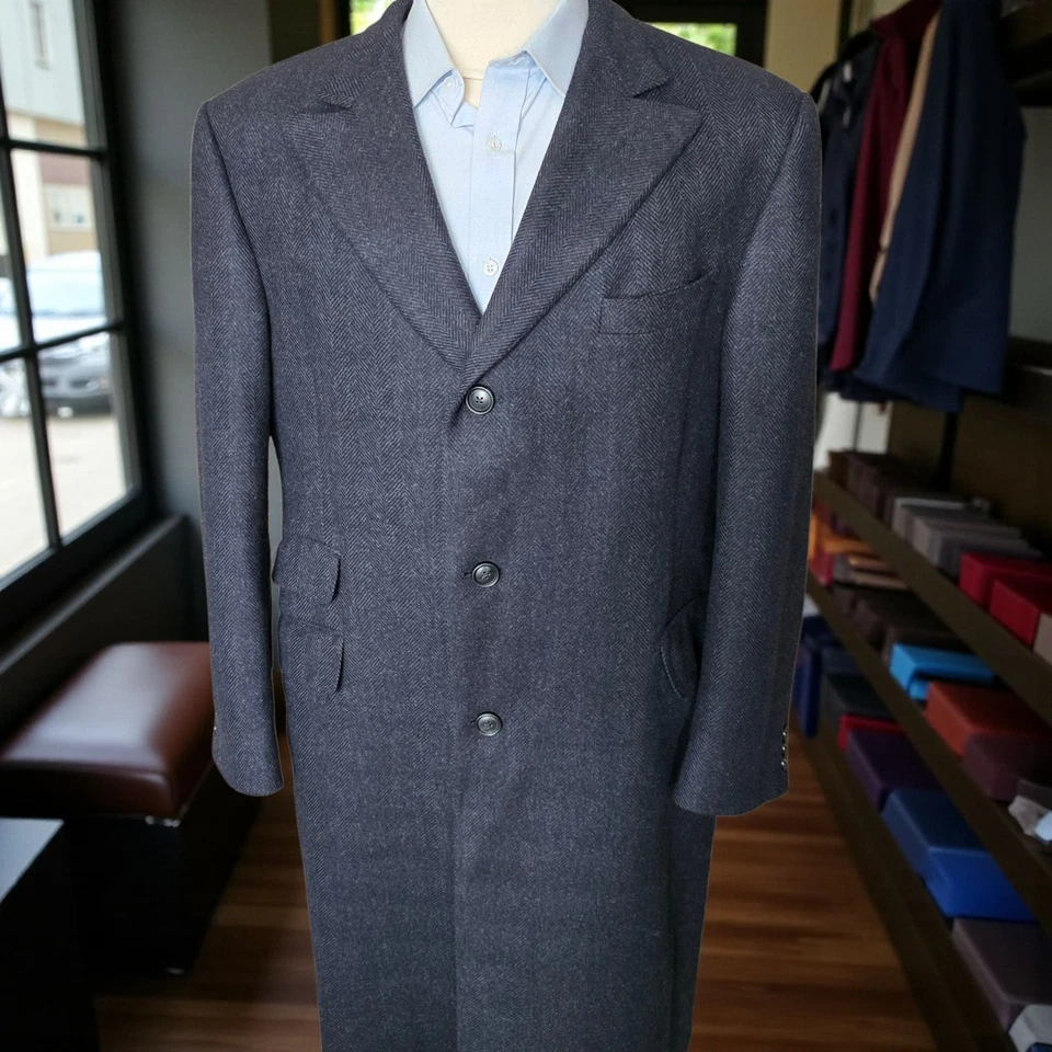 Hickey Freeman Peak Lapel Overcoat 44L Wool Cashmere Blue Herringbone Ticket Pkt - Image 4 of 4