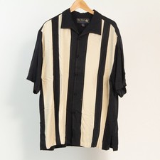 Nat Nast Silk Black  Tan Striped Button Up Retro Bowling/ Mafia Shirt, XL