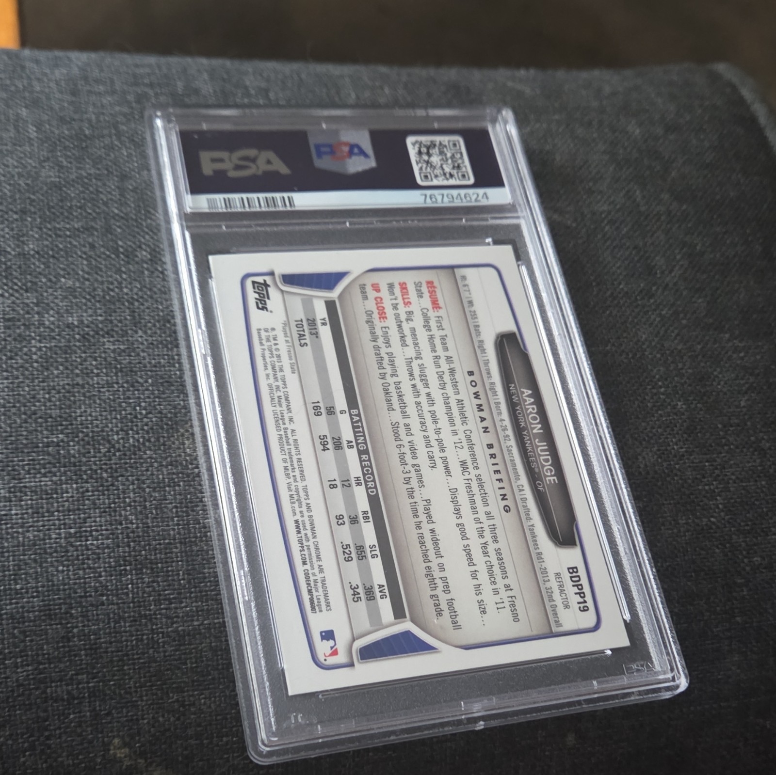 Bowman 2013 Bowman Chrome Draft Picks & Prospects Aaron Judge BDPP19 PSA 8 view 4