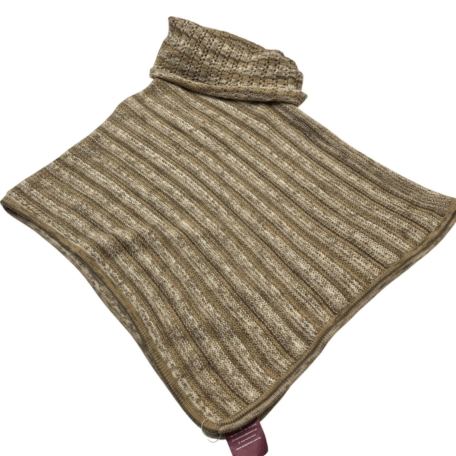 Awaj Warmi Sweater Poncho 100% Alpaca Brown Contrast Stripe One Size Turtleneck
