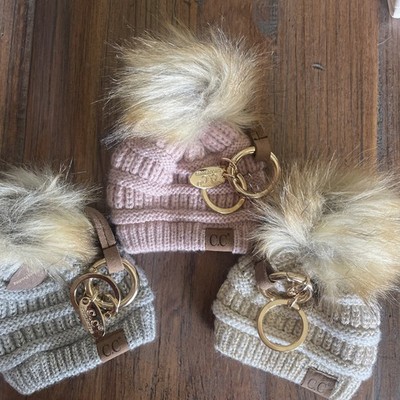 Lot Of 3 C.C Exclusives Pom Pom Beanie Hat Keychain w/ Gold Tone Clasp Key Ring