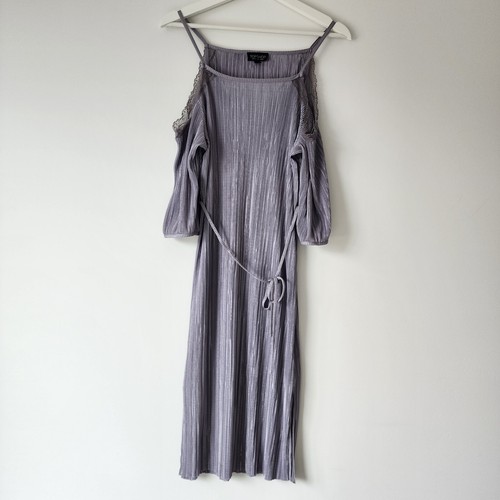 TOP SHOP Silver Metallic Dress Womens 6 Plisse Lace Trim Cold Shoulder Strappy - Picture 3 of 24
