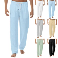 Mens Cotton Linen Loose Pants Casual Drawstring Beach Yoga Baggy Long Trousers