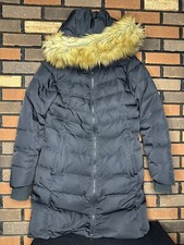 Lole Black Down Long Faux Fur Trim Hooded Puffer Long Parka Coat Jacket Women L