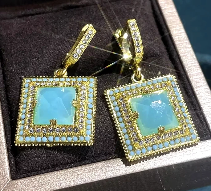 Elegant Turquoise Square JEWELS Blue Green Rhinestone Betsey Johnson Earrings - Image 4 of 4