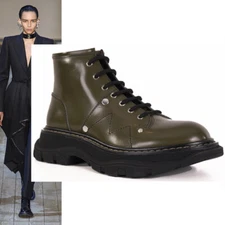 38.5 NEW $990 ALEXANDER MCQUEEN Womans Olive Lace Up Brushd Leather RUNWAY BOOTS