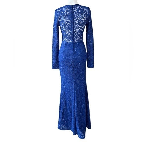 Vestido Trompeta Encaje La Scala Estilo 23550 Manga Larga Lentejuelas y Estrás Azul S Foto 2 de 4