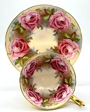 VERY RARE AYNSLEY GOLD & DUSTY PINK CABBAGE ROSE CUP & SAUCER, 1023, EXLNT COND