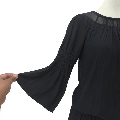 Ramy Brook Women XS Tunic Dress Black Silk Pleated Waist Drawstring Tiered FLAW - Picture 4 of 9