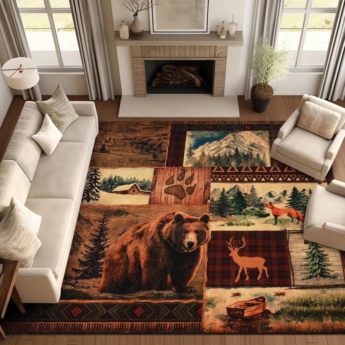 ASPMIZ Farmhouse Area Rug 8x10, Buffalo Plaid Lodge Bear Moose