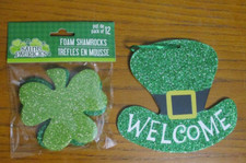 Package of 12 Green Sparkle Shamrocks and "Welcome" Hanging Leprechaun Hat