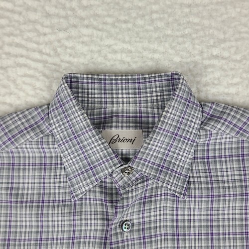 Brioni Dress Shirt Mens Medium Purple Gray Plaid 100% Cotton Button Up - Picture 4 of 11