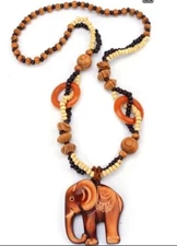 Elephant Necklace Wood with Wooden Beads 24" Long D-1377
