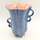 Red Wing USA 1111 Double Handle Ribbed Vase Blue Pink 7.5 in Art Pottery Vintage