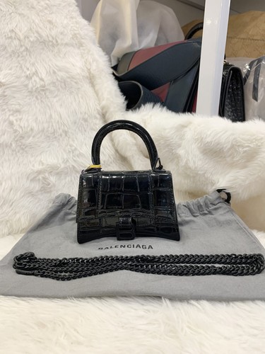 Balenciaga Hourglass Mini Black Croc Embossed Leather Chain Top Handle Bag