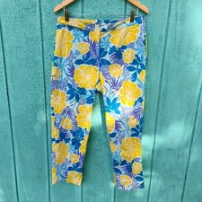 90s Y2K Lilly Pulitzer Floral Hibiscus Bahama Mama Pants sz 12 Yellow Blue