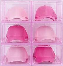 6 Pack Hat Organizer Box, Stackable Clear Baseball Caps Holder Box Pink 