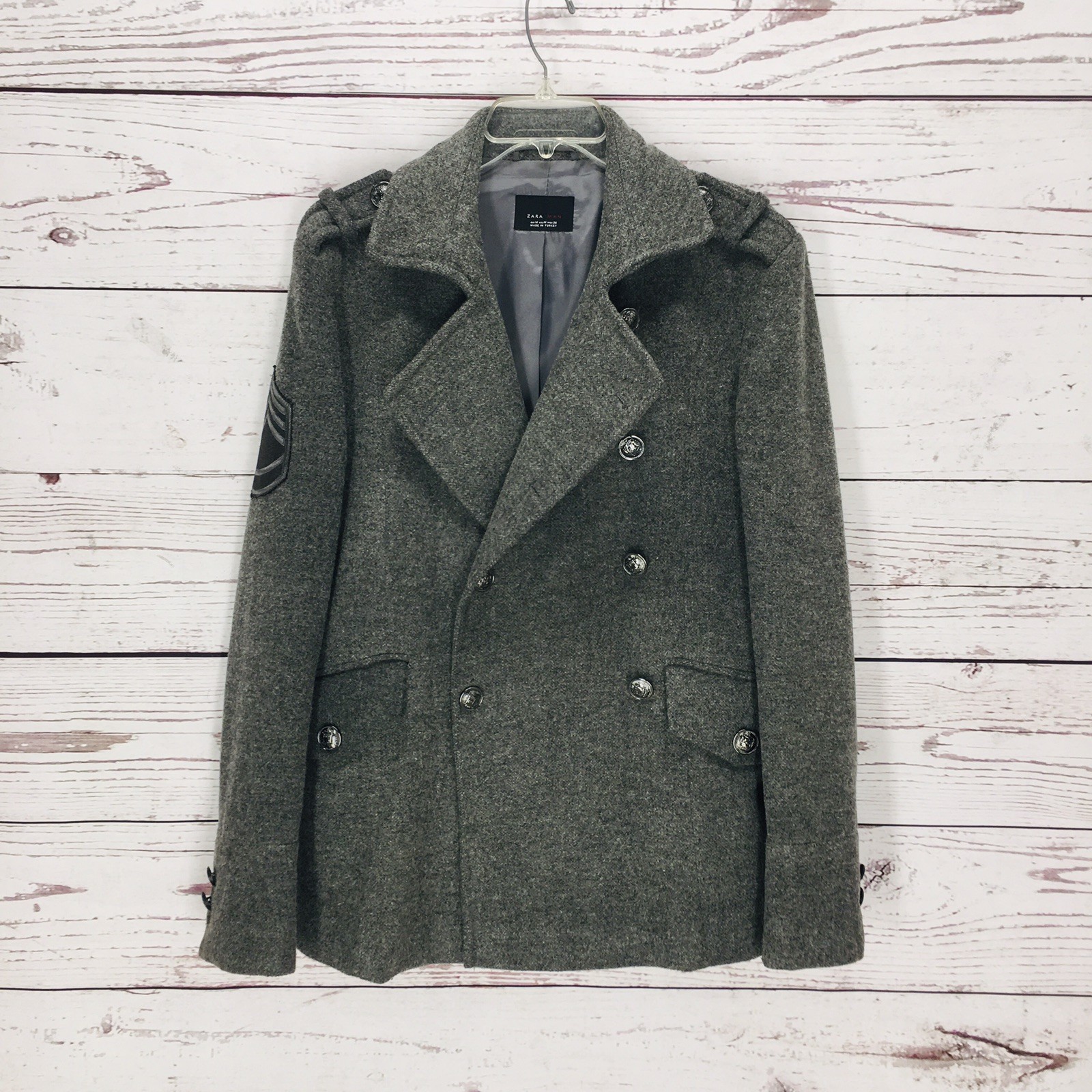 Zara Man Military Peacoat Men's M Gray Double Breasted Wool Blend Jacket Coat thumbnail 2