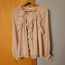 New Loft Women's Top Size XL Pink Chiffon Ruffle Tie Cuff Blouse Flowy 