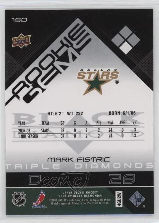 2008 Upper Deck Black Diamond Triple Diamonds Gems Mark Fistric #150 Rookie RC - Image 2 of 2
