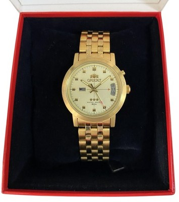 Orient Three Stars Automatic Day-Date Gold Dial Stainless Steel Gents Watch