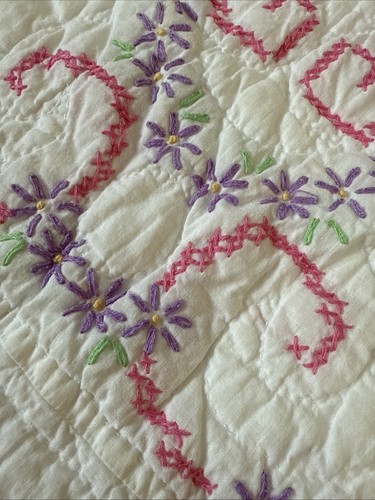 VTG Quilt Hand Quilted & Embroidered Flowers 94x75” Pink Purple Cottage Chic - Picture 5 of 11