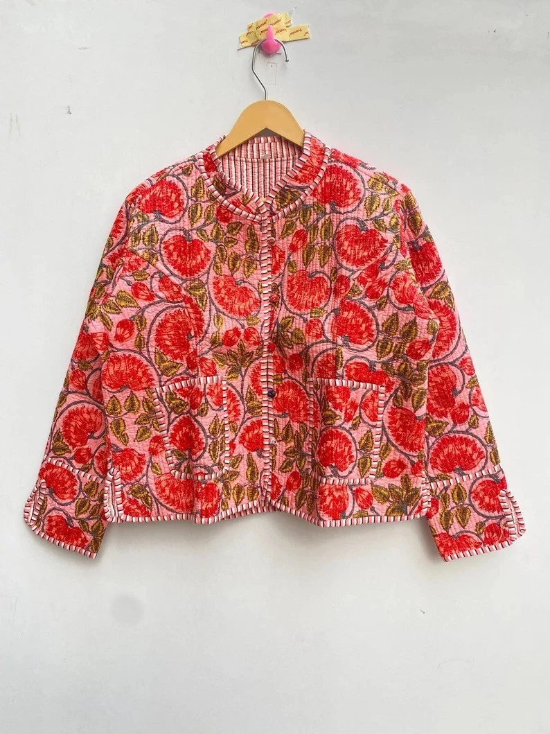 Indian Red Floral 100% Cotton Quilted Unisex Jacket Women's Clothing Jacket AU