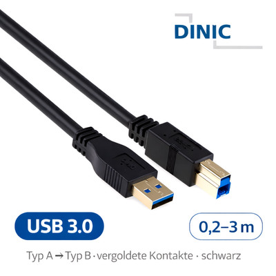 USB 3.0 Kabel A Stecker auf B Stecker, vergoldete Kontakte, schwarz