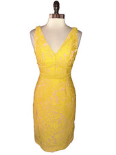 MAEVE Anthropologie Size 6 Sheath Dress Yellow Lace Pink Lining Sleeveless