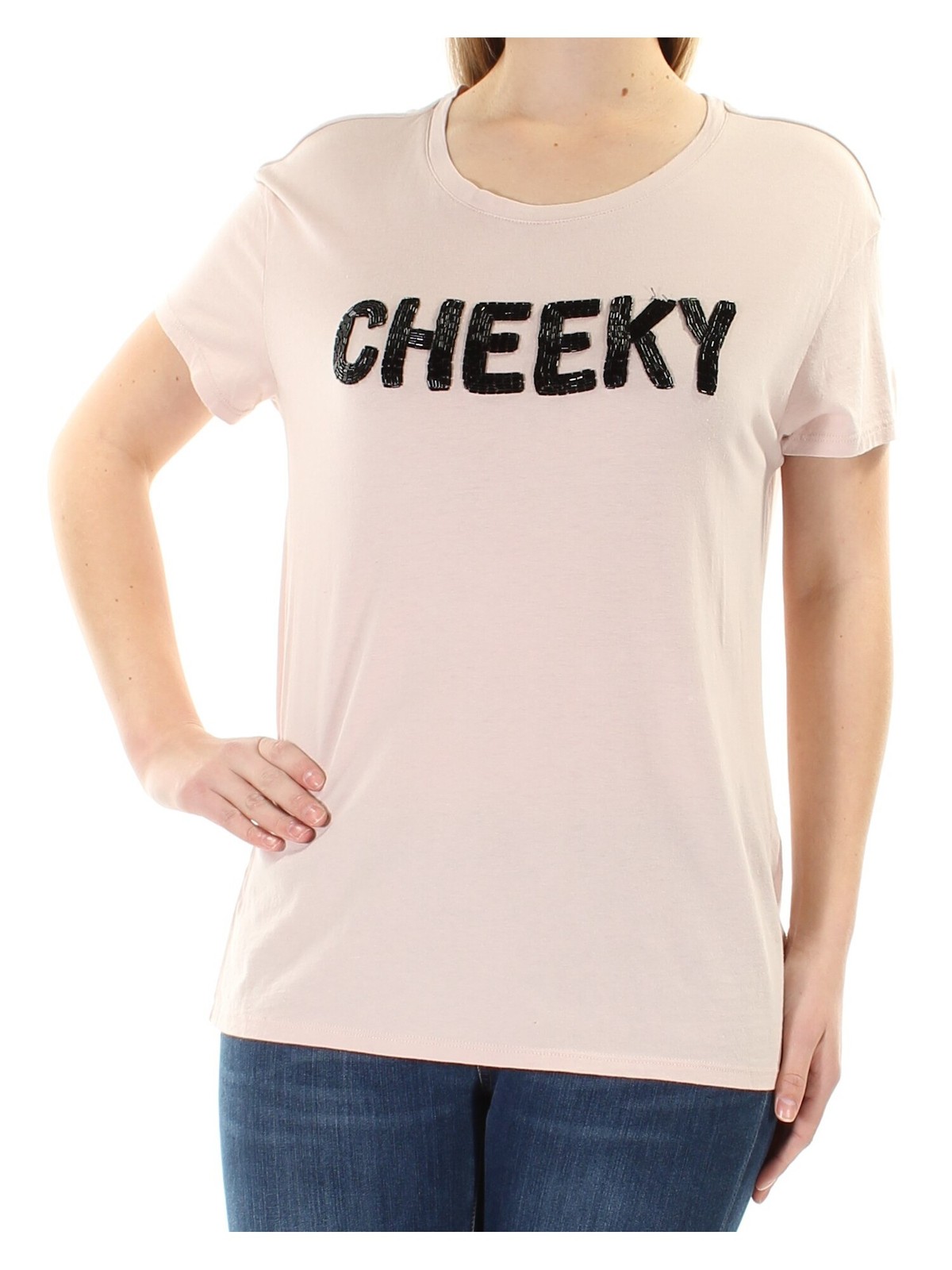 GUESS Womens Pink Beaded Scoop Neck Tee Size M