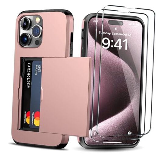for Wallet Case with Card Holder + 2 Tempered Glass iPhone 15 Pro Rose Gold