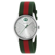 Gucci G-Timeless Silver Dial Green and Red Nylon Strap Watch 38mm YA1264236