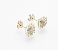 6mm Pave Prong Set CZ Square Flat Screen Stud Earrings Real 10K Yellow Gold