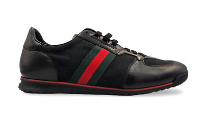 Gucci Z2964 Mens Black Leather GG Guccissima Web Stripe Sneakers Size 13.5 G