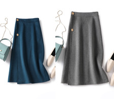 Women's High Waist Stretch Wool Blend Midi Pencil Skirt with Buttons