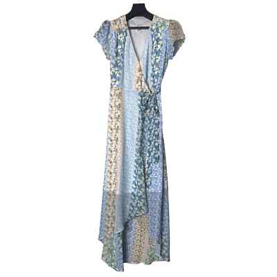 Francesca's Blue Rain Madonna Midi Wrap Dress Womens Small Multicolor Cap Sleeve