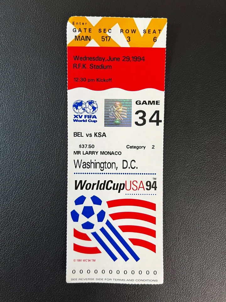 World Cup USA 1994 Set of 5 Tickets for R.F.K. Stadium Belgium Vs. Saudi Arabia - Image 2 of 4