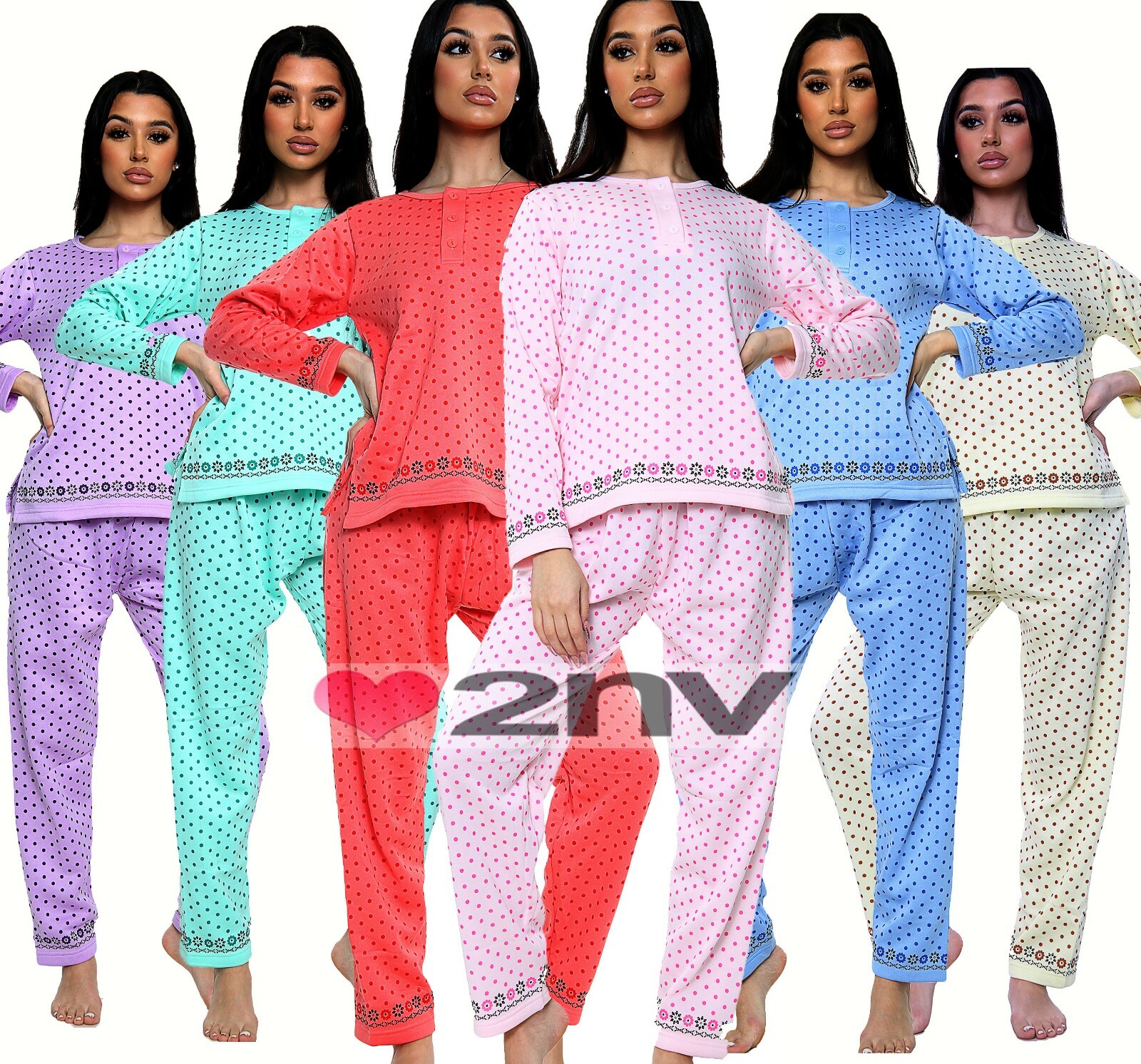 Ladies Fleece Pyjama Set Warm Long Sleeve Polka Dot THERMAL PJ Loungewear  Set | eBay