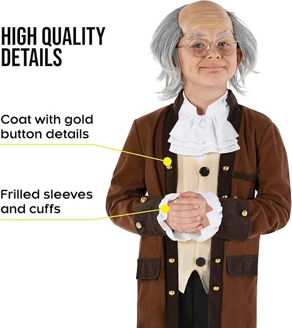 Disfraz de Benjamin Ben Franklin para niños traje del día de los presidentes coloniales S - XL Foto 4 de 4