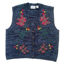 Cricket Lane Women Petite Med Navy Plaid Flannel Fall Leaves Button Sweater Vest