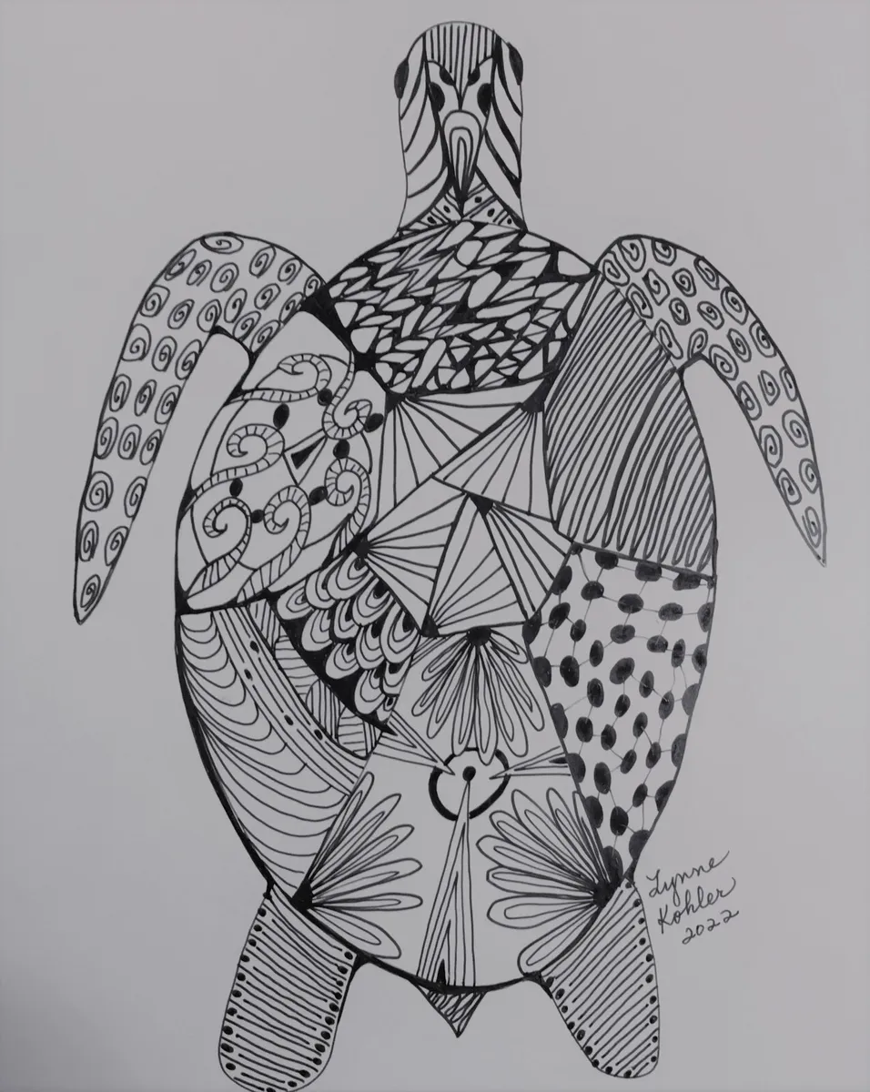 Original 8x10 drawing Zentangle inspired Sea Turtle by Lynne Kohler