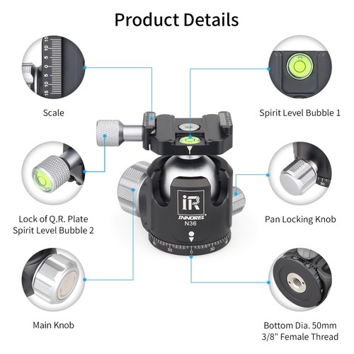 INNOREL N52/N44/N36 Low Profile Tripod Ball Head Panoramic CNC Metal Ballhead - Picture 16 of 36