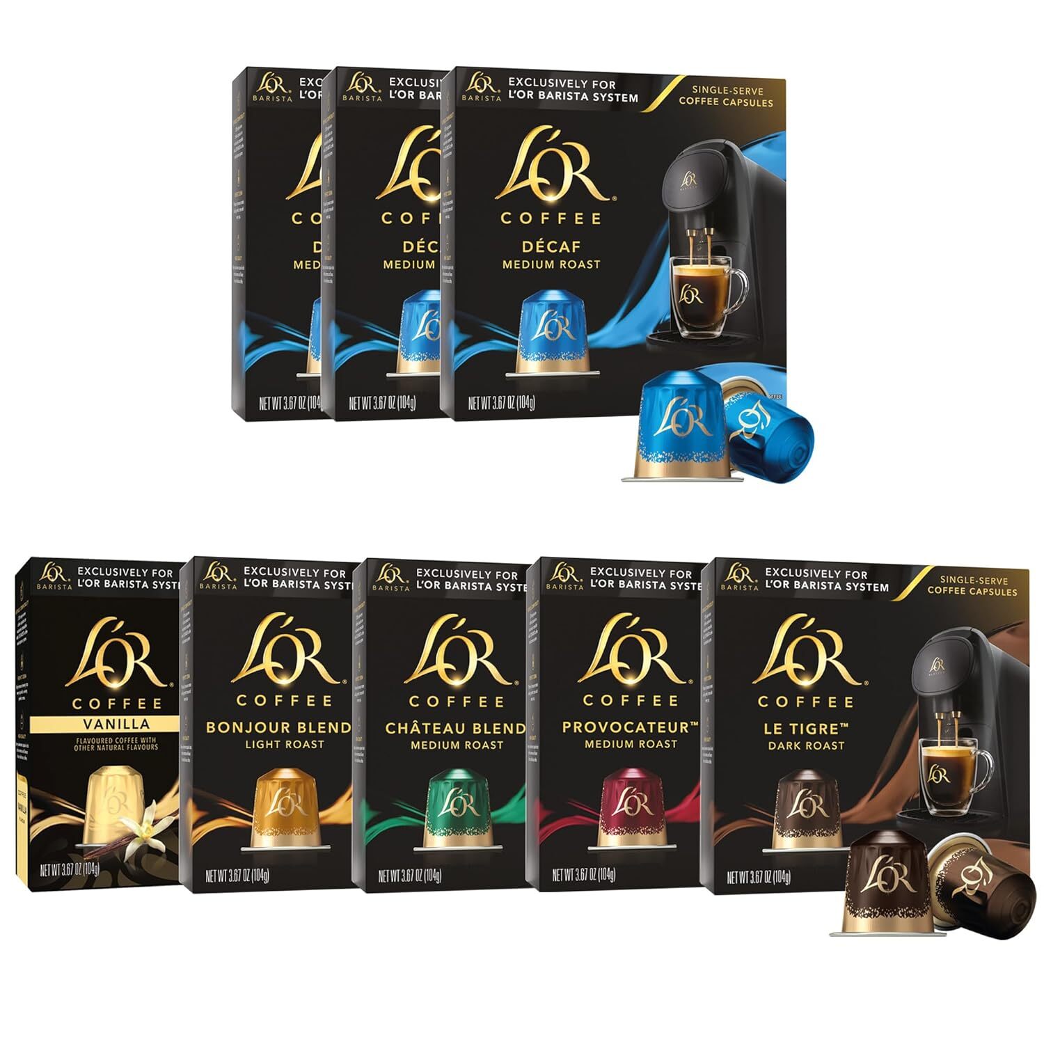 L'OR 80 count Coffee Capsules, 50ct Variety Pack & 30ct DECAF Coffee Pods, Compa-image